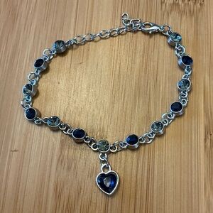 Elegant Silver and Blue Heart Charm Bracelet, 9”